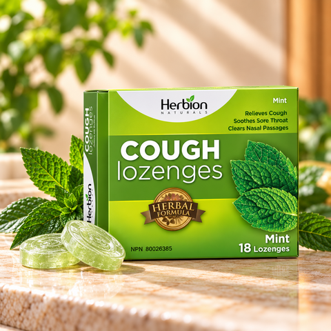 Herbion Naturals Mint Cough Lozenges 18 count packaging with mint leaves