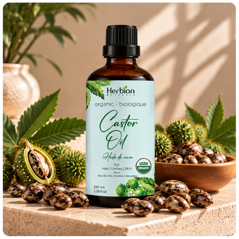 Herbion Naturals Organic Castor Oil bottle with castor botanicals
