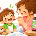 Mother giving syrup to child illustrated