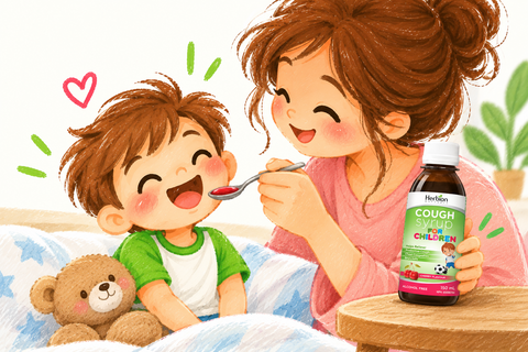 Mother giving syrup to child illustrated