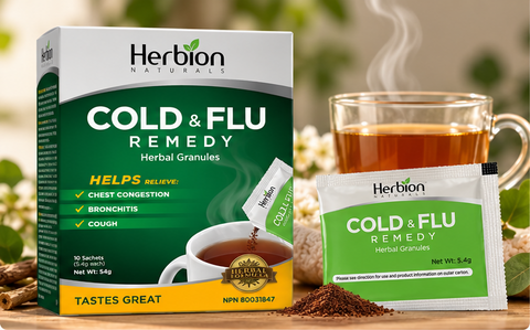 Herbion Cold and Flu Remedy 10 sachets with warm herbal tea
