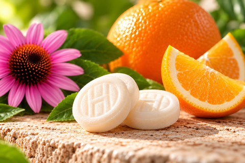 Orange flavour lozenges close-up