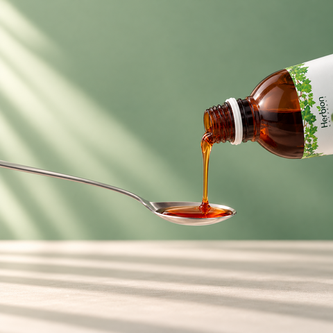 Herbion Ivy Leaf Cough Syrup poured into a spoon