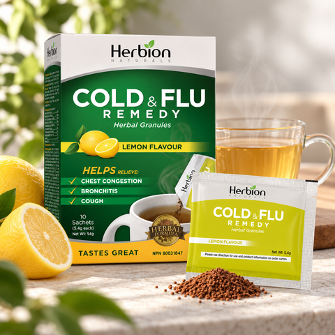 Herbion Cold and Flu Lemon carton and sachet