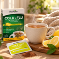 Warm lemon herbal drink with Herbion carton