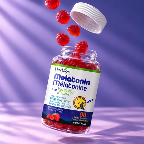 Herbion Melatonin Gummies bottle with floating red gummies