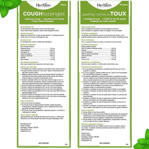 Herbion Mint Cough Lozenges English and French label