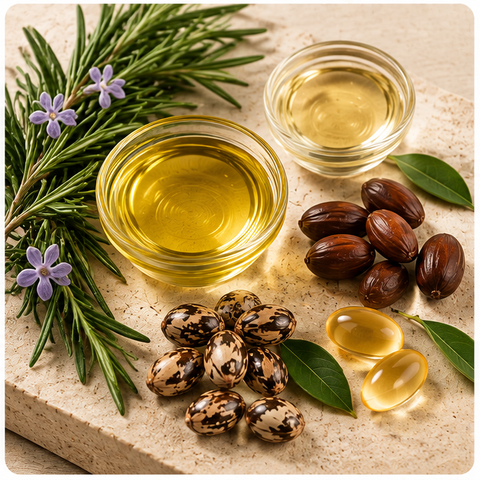 Rosemary, botanical oils, castor seeds and biotin ingredient representation