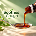 Sugar-free herbal cough syrup pouring into spoon