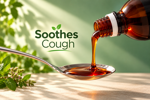 Sugar-free herbal cough syrup pouring into spoon