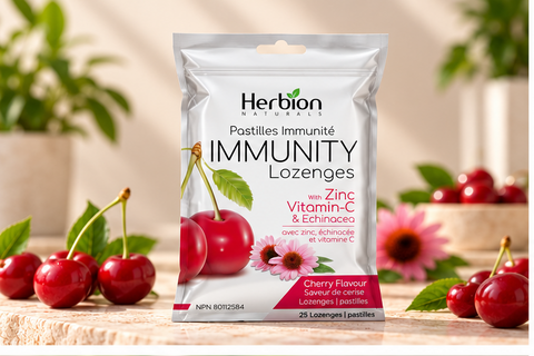 Herbion Immunity Cherry Lozenges pouch on natural stone